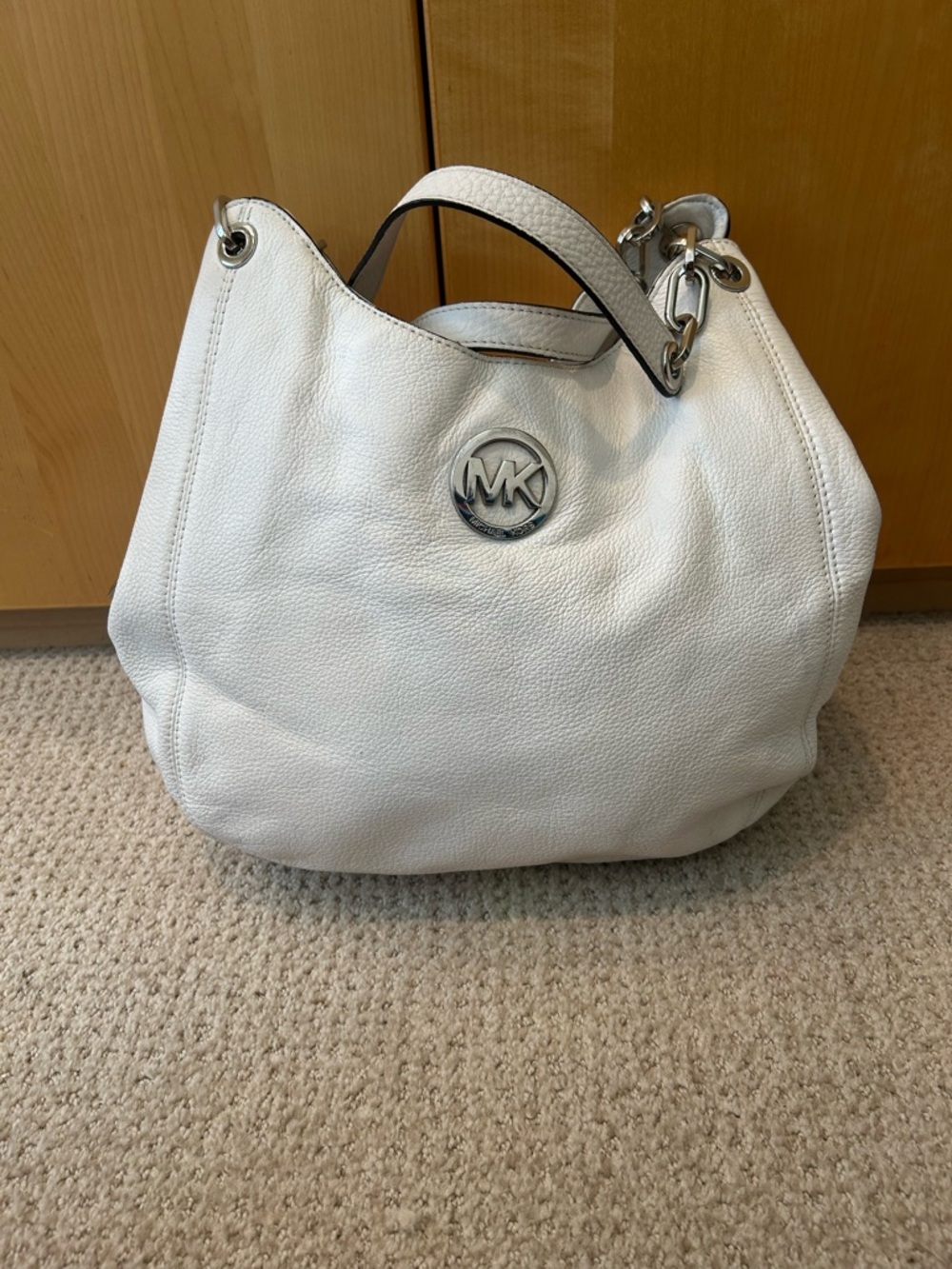 Michael Kors White Pebbled Leather Hobo Shoulder Bag with Silver MK Logo
